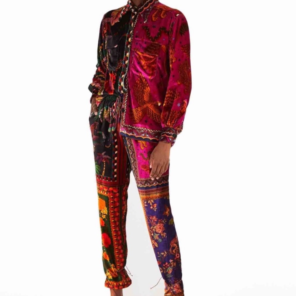 NWT FARM Rio Mixed Scarves Velvet 2 piece button down and jogger set